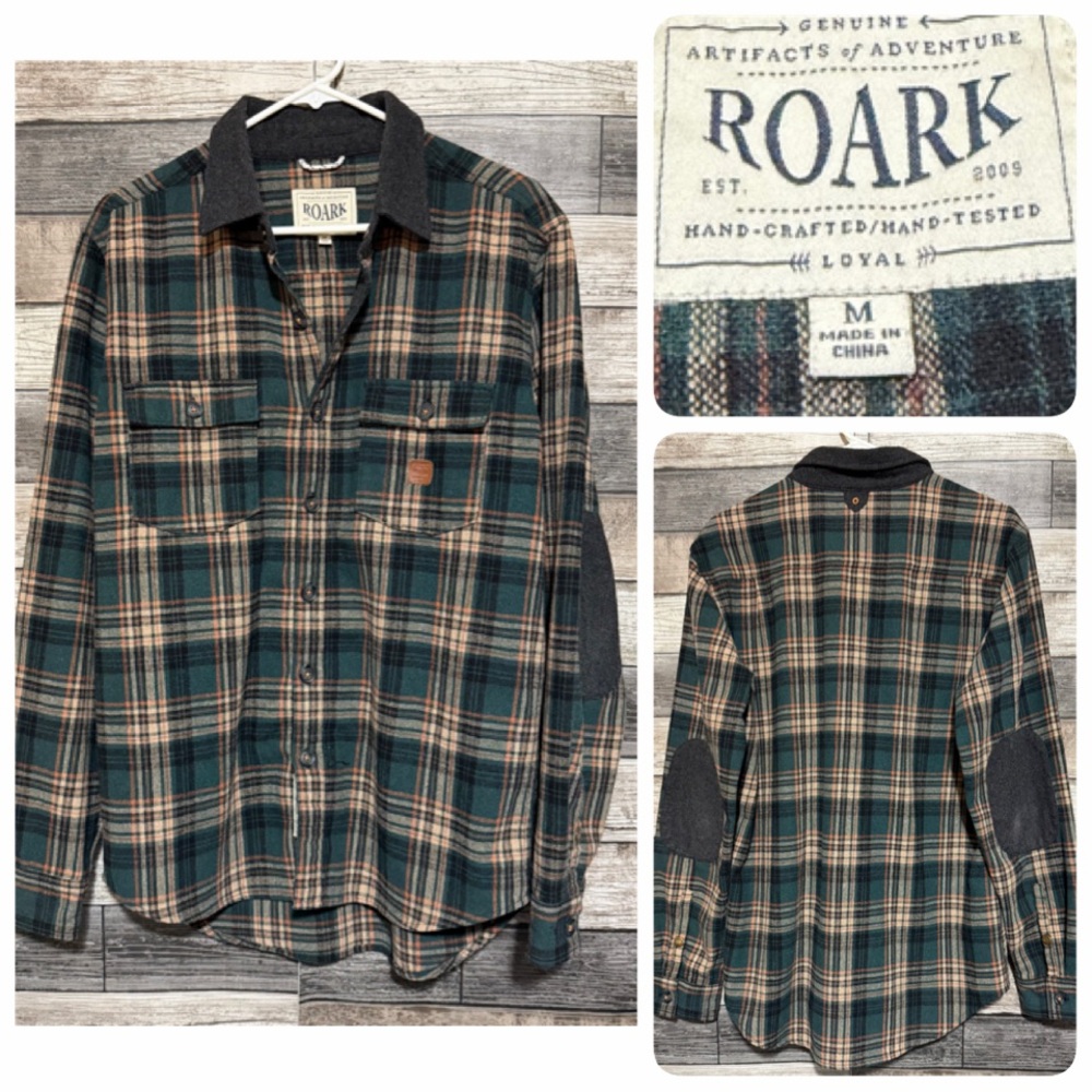 Roark Plaid Shirt Jacket Shacket Men’s M Green Plaid Button Up Elbow Patch READ